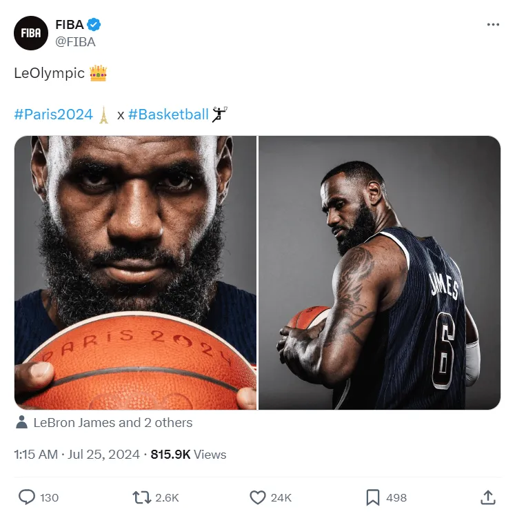FIBA晒出詹姆斯戴皇冠的照片：勒布朗·詹姆斯